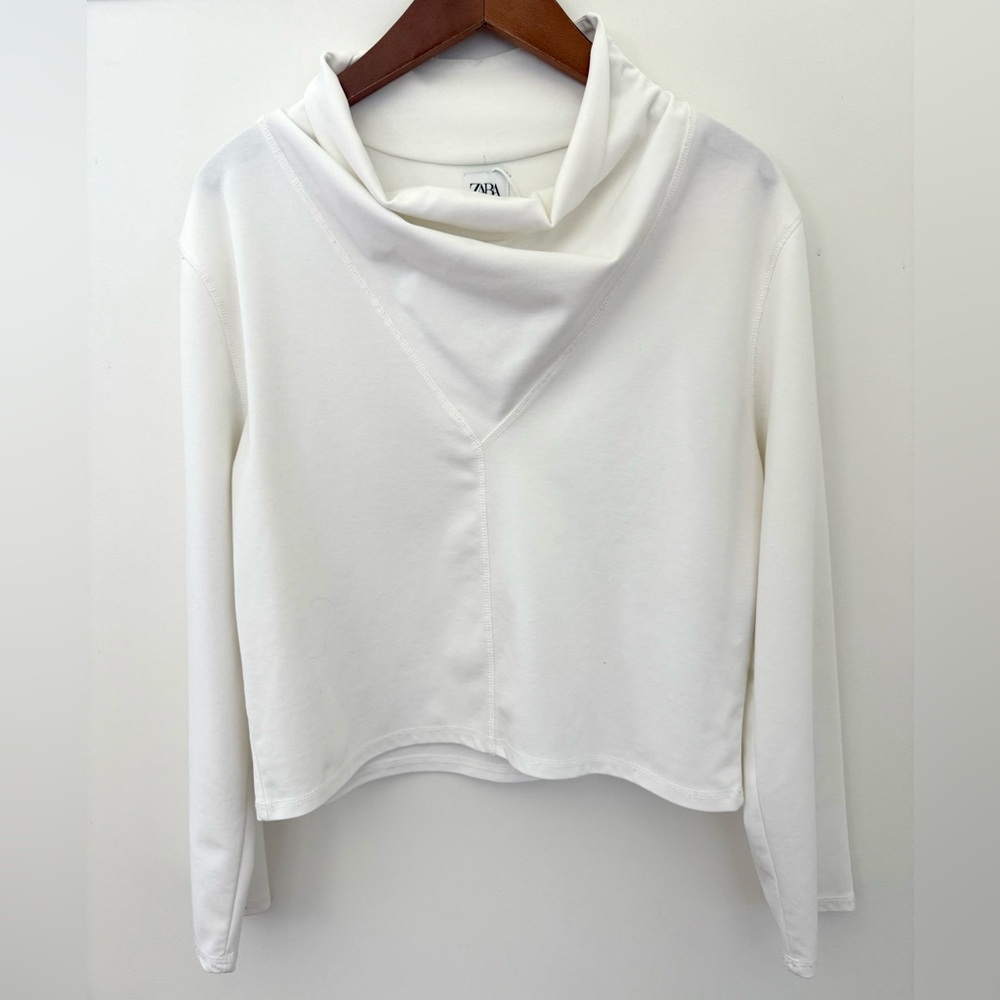White Zara Cowl Neck Long Sleeve Top FLOWY NECKLINE BLOUSE Women Shirt Size S